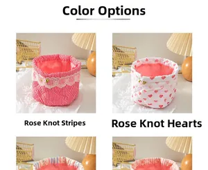 Close-up of quilted fabric storage baskets with lace edges and ribbon rose details