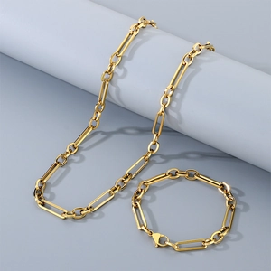 Detailed view of golden stainless steel alternating link chain necklace and bracelet set