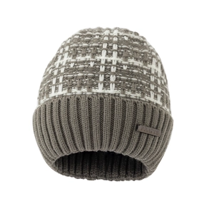 Winter thermal knit beanie hat with fleece lining and checkered pattern design