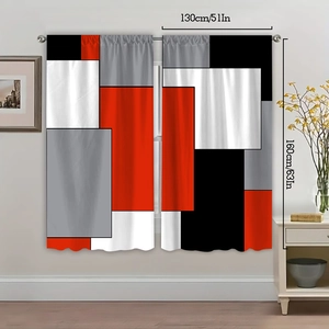 Detail view of red and black geometric block patterned curtains with size measurements