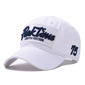White cotton baseball cap featuring blue PeakTime embroidery and curved wide brim