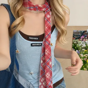 Elegant vintage red and white plaid cloth scarf necklace retro fashion neck accessory