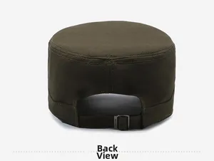 Detail view of the back of olive green military flat cap with adjustable metal buckle
