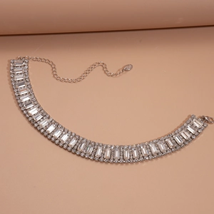 Detail of adjustable silver choker with rectangular rhinestones and lobster clasp