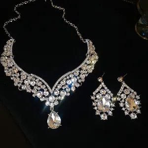 Luxury Alloy Rhinestone Water Drop Necklace And Earrings Jewelry For Women Wedding Banquet Party Accessory Silver Tone