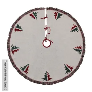 Knitted Christmas tree skirt with 3D cedar patterns and colorful fringe trim