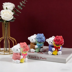 Three cute teddy bears with rose bouquets, 3D resin silicone mold for Valentine's Day decor