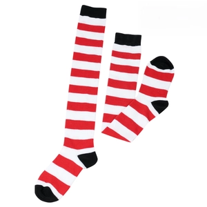 Detail view of adult red and white striped knee high socks with black contrast toe and heel