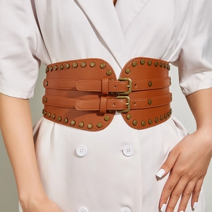 Brown leather waist cincher with double buckles and metallic rivet studs decor