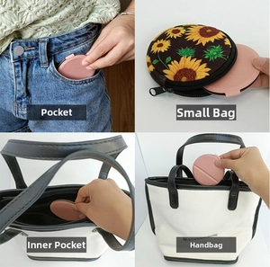 Slim pink leather portable makeup mirror shown stored in pockets and various bags