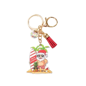 Christmas Santa surfing on surfboard acrylic keychain with red tassel and glitter charm