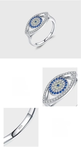 Close-up of S925 sterling silver evil eye ring with hand-set 5A grade zircon pavé details
