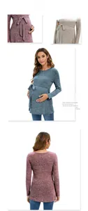 Detail of ribbed knit maternity sweater with waist tie bow and soft texture in blue