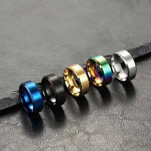 Detail of five 8mm brushed stainless steel rings in blue, black, gold, silver, and rainbow