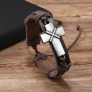 Cross Leather Bracelet Multi Layer Woven Genuine Cowhide Religious Retro Punk Jewelry For Men Unisex Adjustable