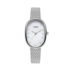 Elegant silver oval watch for women with mother-of-pearl dial and woven metal strap