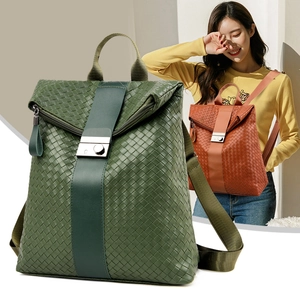 Women Woven PU Leather Backpack Flip Cover Metal Buckle Casual Travel Trendy Korean Style Soft Fashion Daypack
