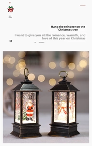 Macro shot of retro bronze Christmas lanterns featuring Santa and snowman with snowy glitter