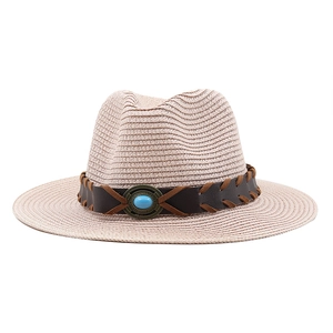 Wide brim straw jazz hat with turquoise vintage band for summer outdoor sun protection