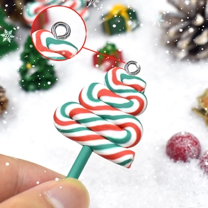 Handheld Christmas tree lollipop pendant with red, white and green swirl and metal ring