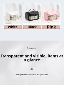 Detailed view of large transparent PVC cosmetic bags in white, black and pink with handles