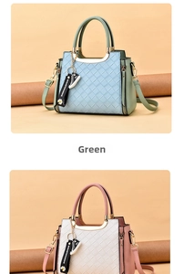 Detail of woven handbag with metal handle, floral charms, and adjustable shoulder strap