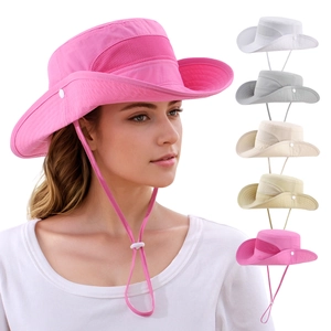 Outdoor Sun Bucket Hat Polyester Breathable Mesh UV Protection Wide Brim Adjustable Windproof Cord Hiking Fishing Beach