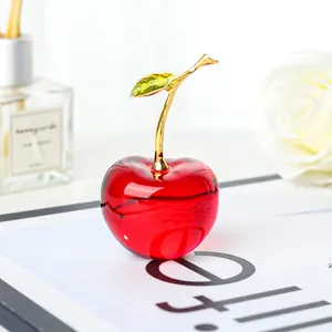 Decorative red crystal cherry figurine with gold stem for tabletop home decor
