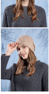 Detail of beige knit beanie with leaf pattern weaving and subtle bead embellishments