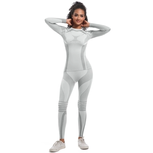 Close-up of light grey seamless knit fabric with ergonomic functional textures for women