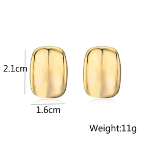 Detail view of gold rectangle stud earrings showing 2.1cm height and 1.6cm width dimensions