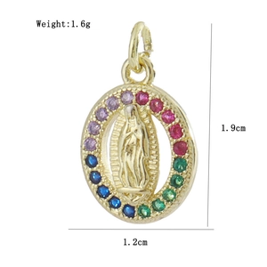Detailed view of gold Virgin Mary pendant with colorful zircons and 1.9cm height measurement