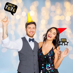 25pcs Class of 2026 graduation photo booth props with models in party atmosphere