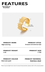 Detailed view of adjustable 18K gold plated stainless steel ring with vertical ridges