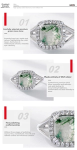 Detail view of square-cut moss agate ring in S925 silver with sparkling zircon pavé