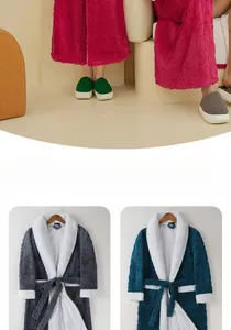 Detail of soft double-layered flannel bathrobe with plush white collar and cuffs