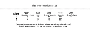 Detailed size chart for long fleece coat with measurements in centimeters and grams