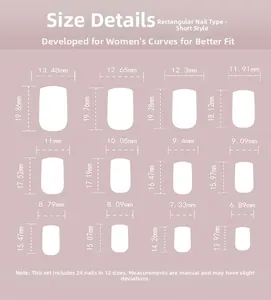 Detailed size chart for short square press-on nails featuring twelve specific dimensions