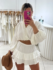 Women Summer Pure Cotton Lantern Long Sleeve V Neck Button Crop Top And Ruffle Layered Mini Skirt White Sweet
