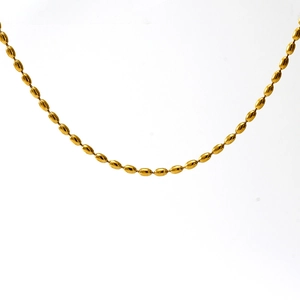Detailed close-up of 18K gold plated oval bead chain necklace with polished finish