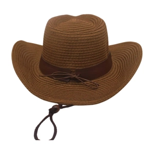 Chapeau de cowboy en paille tressée marron avec ruban en similicuir et jugulaire