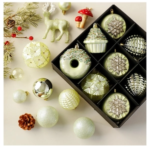 Detail of Christmas tree ornaments set in light green and gold with glitter texture