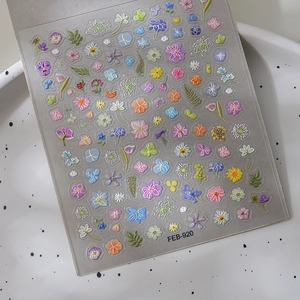 3D floral nail art stickers with embossed daisy and pansy patterns FEB-920