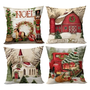 Set of 4 Christmas Nutcracker and red truck throw pillow covers in linen texture