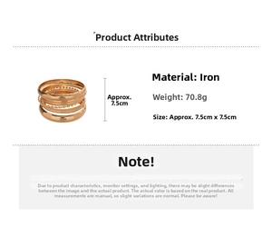 Detail view of 8-piece gold metal bangle set with size and weight specifications