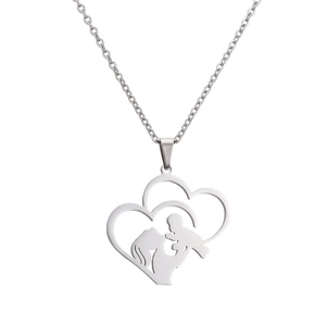Silver stainless steel double heart necklace showing a mother holding a child pendant