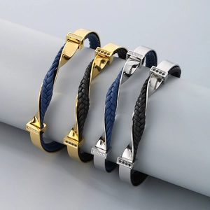 Men's titanium steel C-shaped twisted leather bracelets with zircon stones
