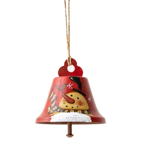 Red metal Christmas bell ornament with snowman design and rustic hanging rope cord