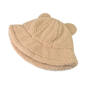 Thick warm teddy fleece bucket hat for women with cute 3D bear ears in beige khaki