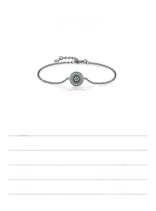 Macro detail of S925 sterling silver black chain bracelet with turquoise eye pendant dimensions